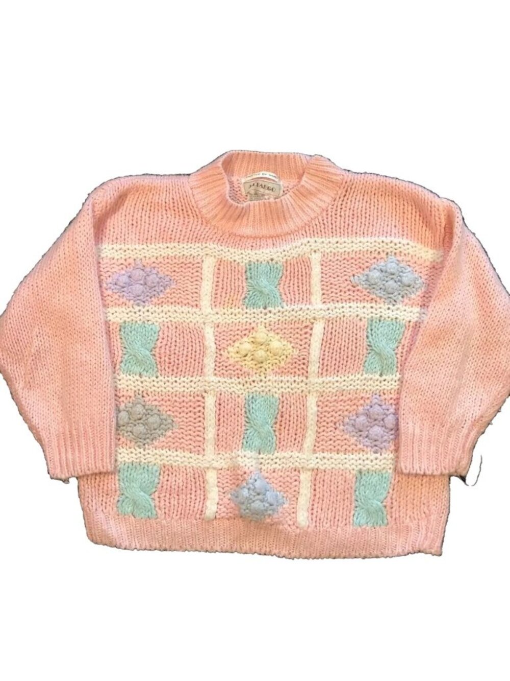 Vtg JJ Fargo Pink Pastel Sweater Sz S Hand Knitted Floral Grannycore Womens